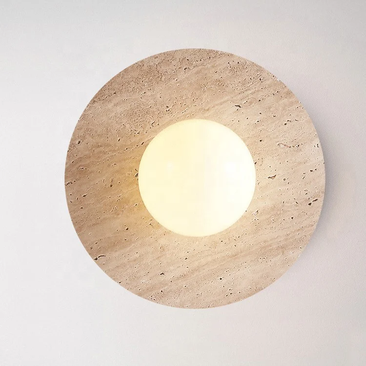 H0dcd8187fc354e37a927364aa8db7d26c.webp Modern Yellow Travertine Wall Lamp Wabi Sabi Style Hotel Room Bedside Entryway Corridor Retro Background Wall Lamp - Image 1
