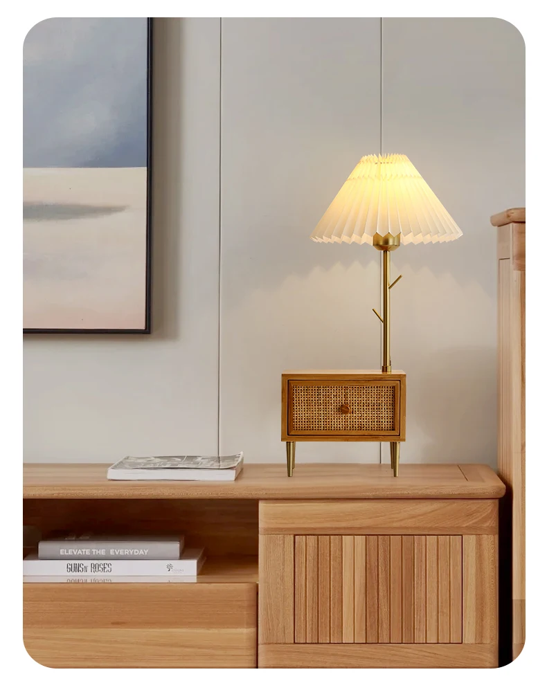 Hf8fe182db4c44e648e7b3db19fa383eeK.webp 2 in 1 Wood Fabdric Shade Table Lamp with Shelf Desk Bedside Light - Image 1